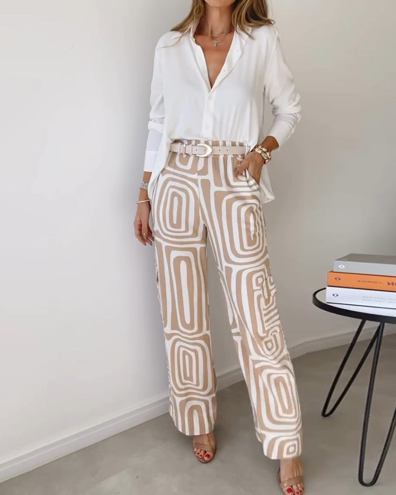 Women's Casual Long-Sleeved Lapel Shirt Printed Wide-Leg Pants Suit