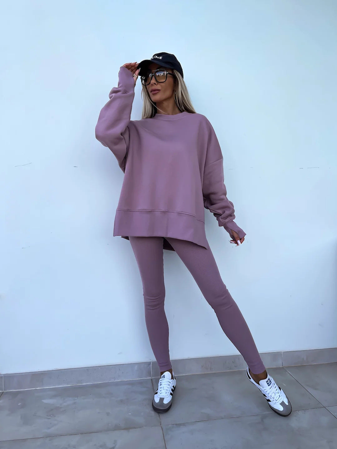 Women's Sweater Suit - Casual Loose Long Sleeve Crew Neck Split Top With Tight Trousers