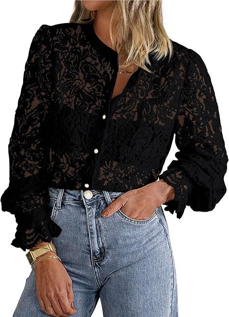 European And American Ladies Fashion Casual Lace Shirt - Long Sleeve Button Shirt