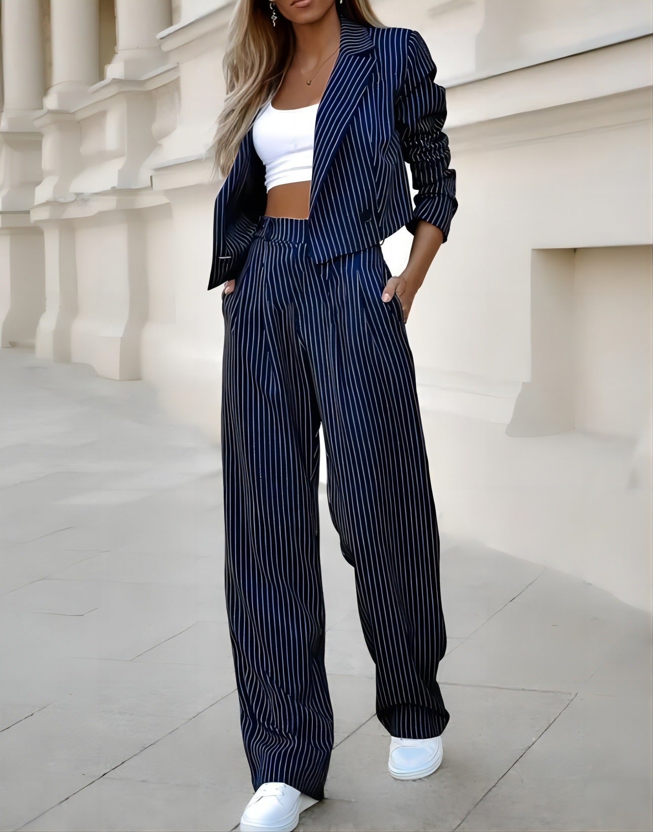 Women's Spring Fashion Striped Suits - Casual Lapel Long-Sleeve Cropped Top And Straight Pants Outfits