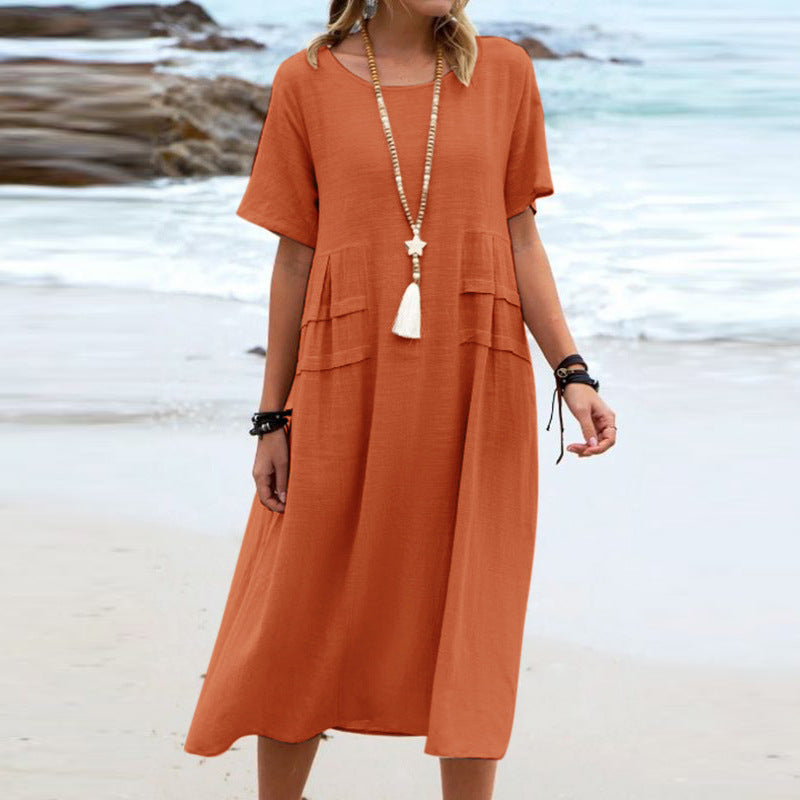 Women's Summer Loose Casual Mid Breathable Dress, Cotton Linen Short-Sleeve & Mid-Length Simple Beach Dress