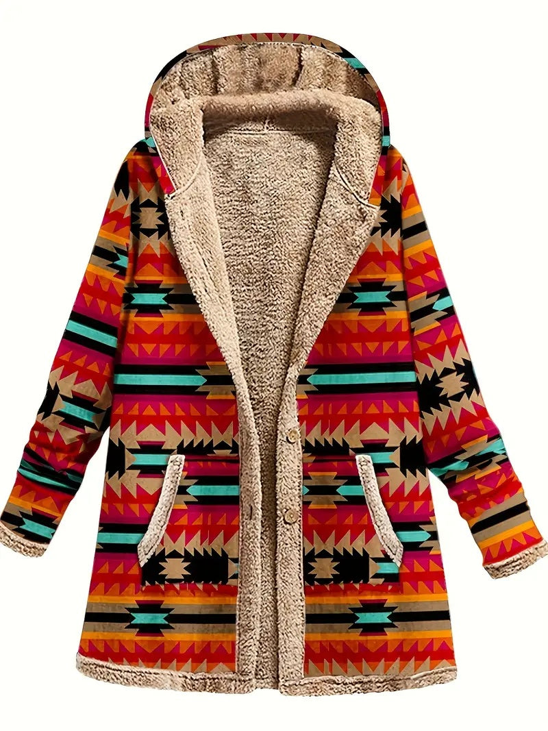 Women's Cotton And Linen Printed Hoodie, Warm Plush Coat For Ladies