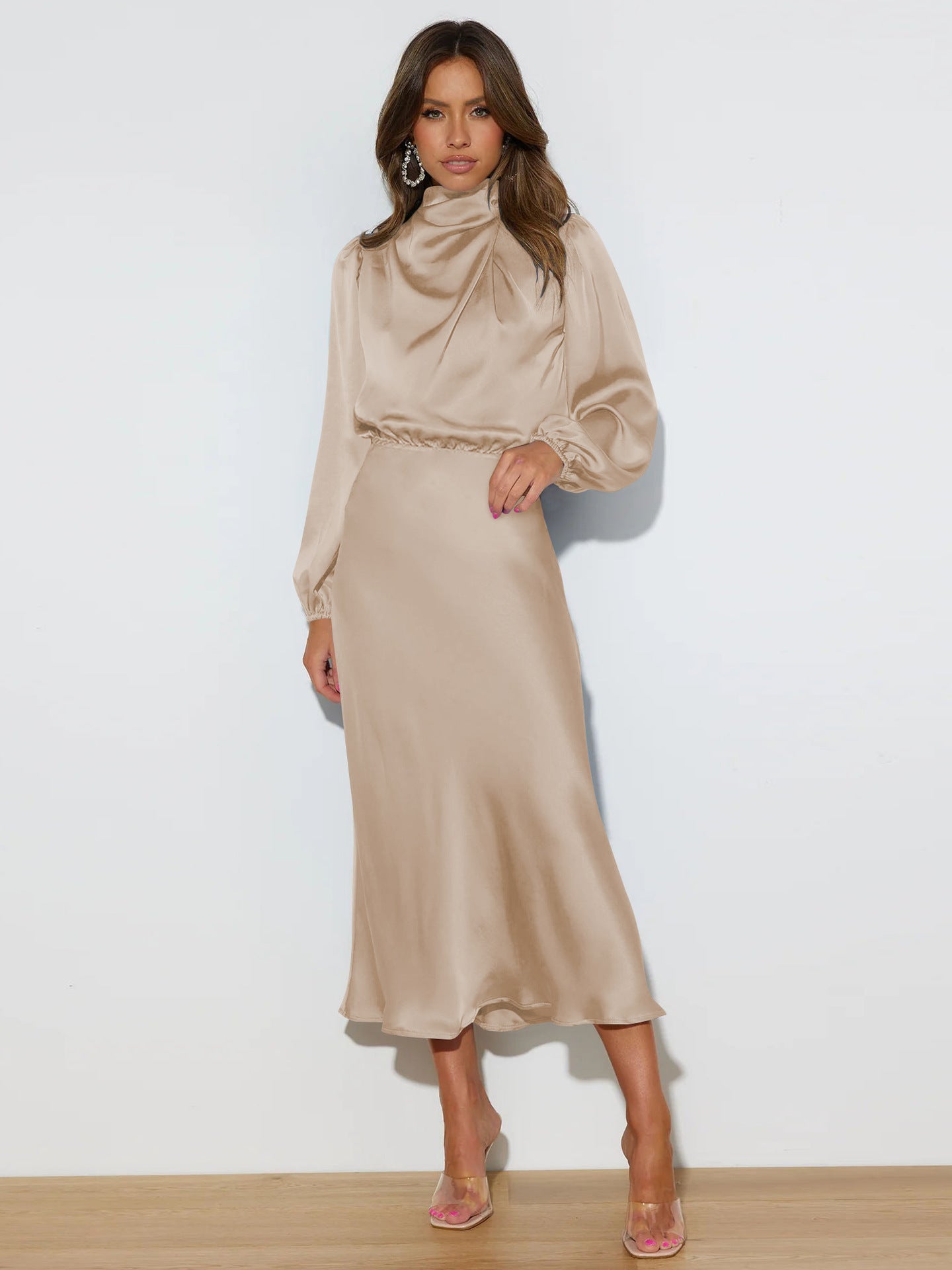 Women's Spring And Autumn Halter-Neck Long-Sleeved Formal Satin Dress - Elegant Lady Of Note Evening Dress