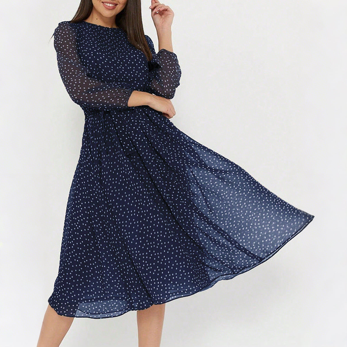 European And American Leisure Vacation Style Polka Dot Long-Sleeve Maxi Dress For Women
