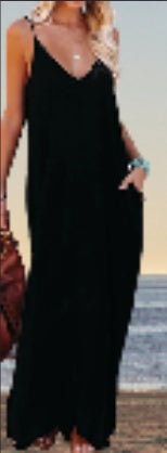 Women's Casual Strappy V-Neck Sleeveless Flowy Pockets, Loose Long Maxi Beach Dress Suitable As Ladies' Sundress