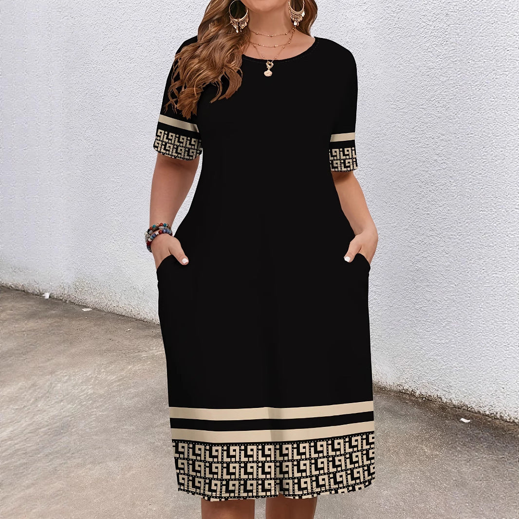 Women's Comfortable Round Neck Fashion Elegant Contrast Colour Short-Sleeve Dress