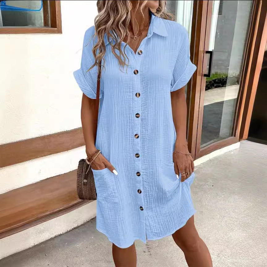 Summer Short Sleeve Shirt Dress Fashion - Solid Colour Single-Breasted Mid-Length Loose Dress