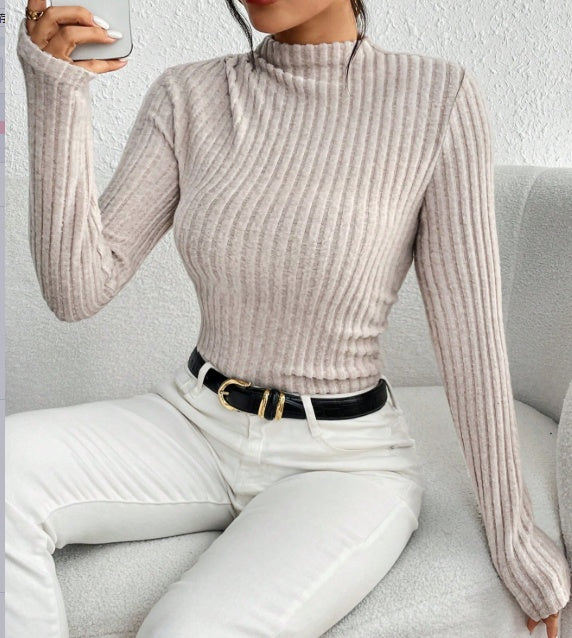 Women's Ribbed Mock Neck Knit Long-Sleeve Slim Casual Jumpsuit Suitable For Spring And Autumn - High Neck Ribbed Knitted Versatile Jumpsuit