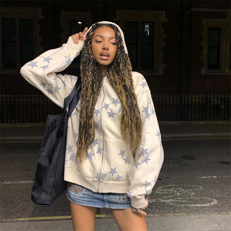 Unisex Stars Printed Zipper Hooded Cardigan, Hoodies Sweatshirt Street - Couple Fashion Outerwear