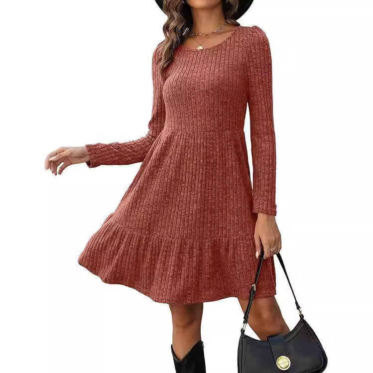 Women's Solid Colour Round Neck Knitted Dress Sweater