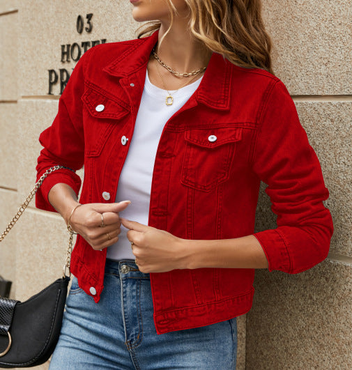Solid Colour Fashion Slim Lapel Denim Jacket For Women