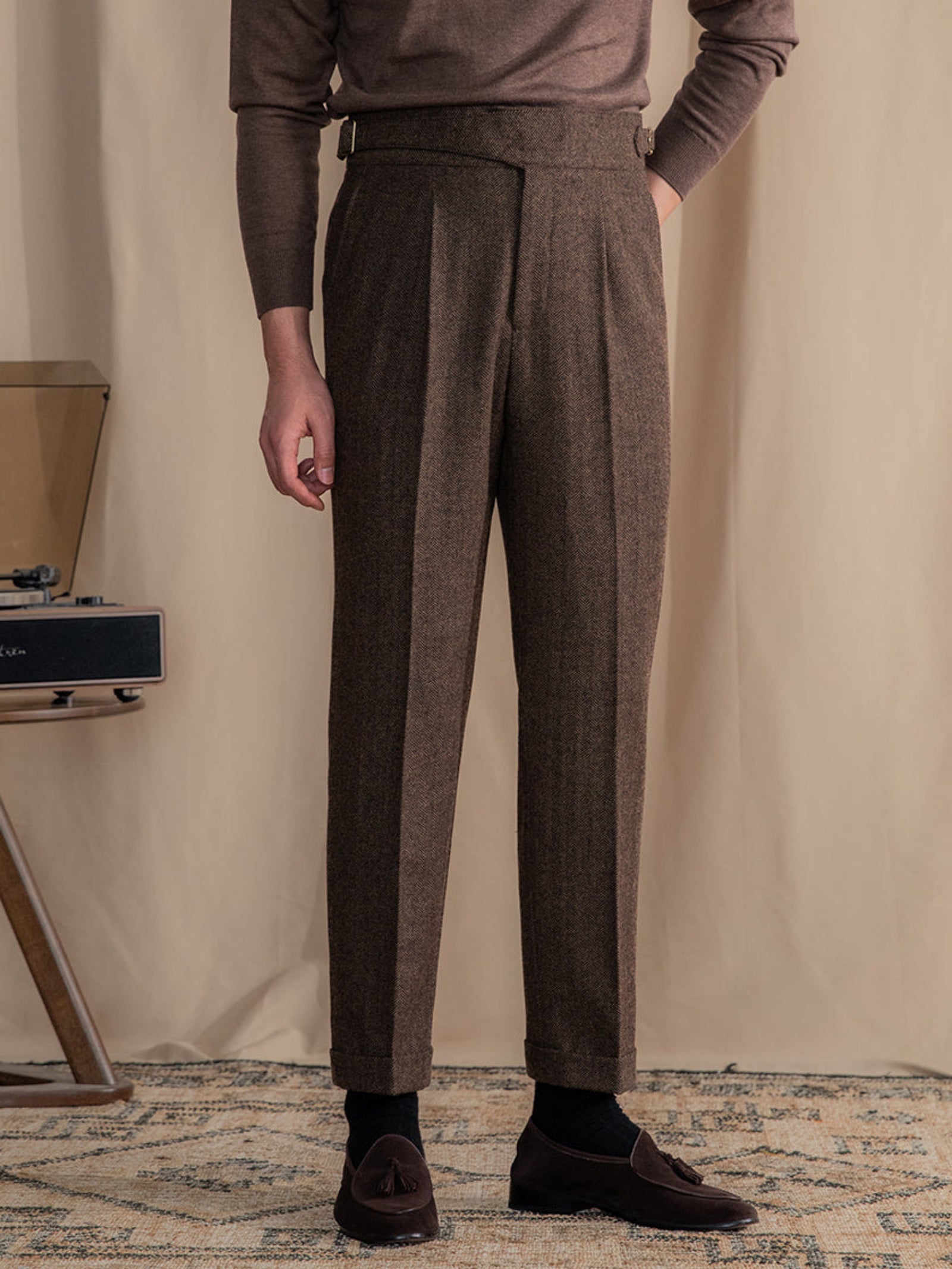 Herringbone Pattern Auger Casual British Tweed High Waist Trousers - Straight-Leg Warm Pants