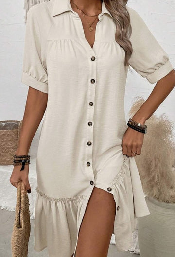 Women's Solid Colour Turn-Down Collar Button-Up Dress With Ruffle Hem For Ladies