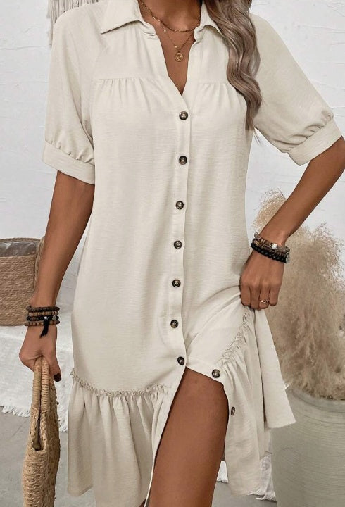 Women's Solid Colour Turn-Down Collar Button-Up Dress With Ruffle Hem For Ladies