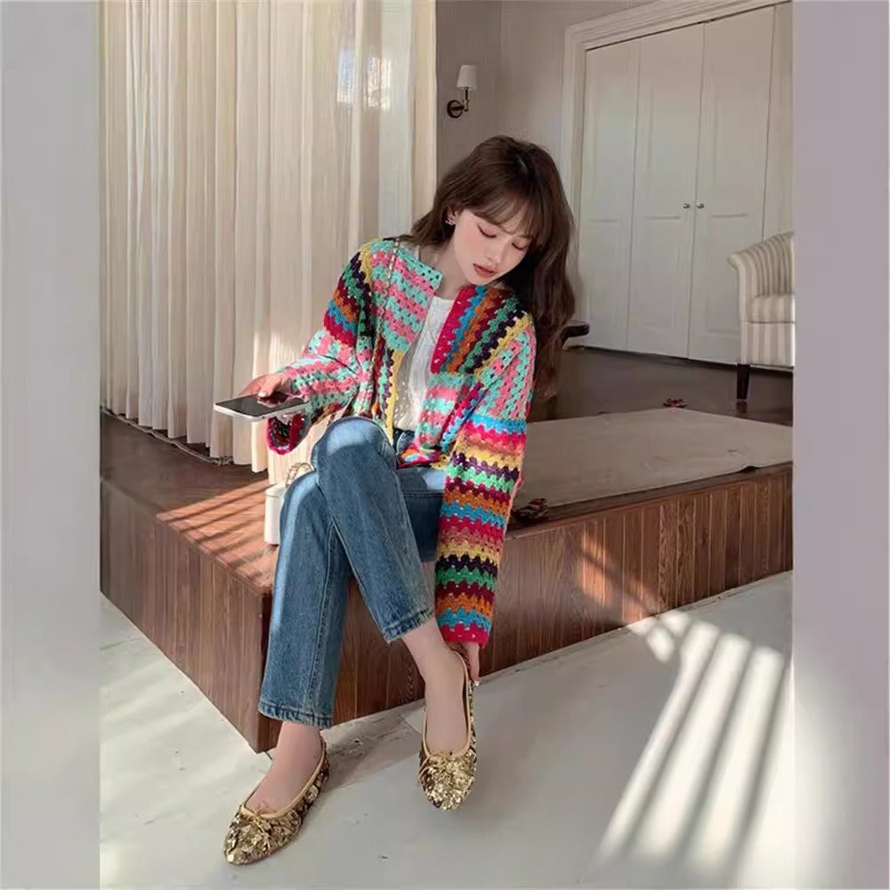 Sweet Heavy Industry Colour Woven Crochet Loose Slim Long Sleeve Sweater For Women