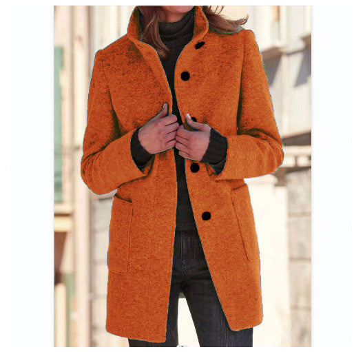 Women's Stand Collar Woollen Coat With Pockets and Suitable For Autumn & Winter - Ladies' Casual Button Outwear