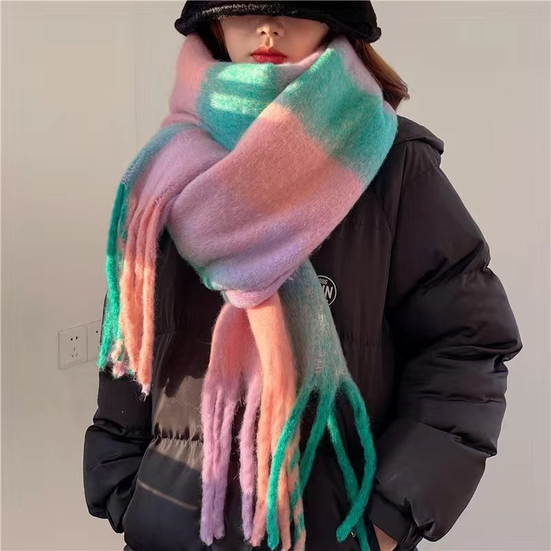 Women's Plaid Tassel Scarf Rainbow Colour-Blocking Shawl