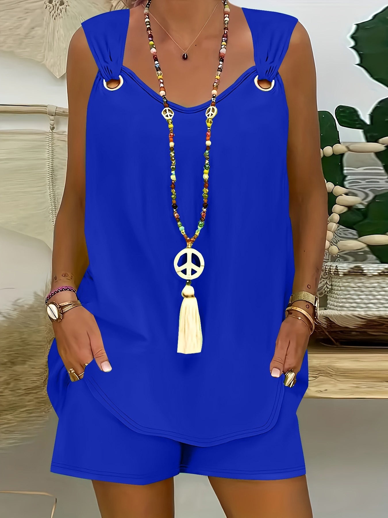 Elegant Solid Colour Sleeveless Casual Top Shorts Suit