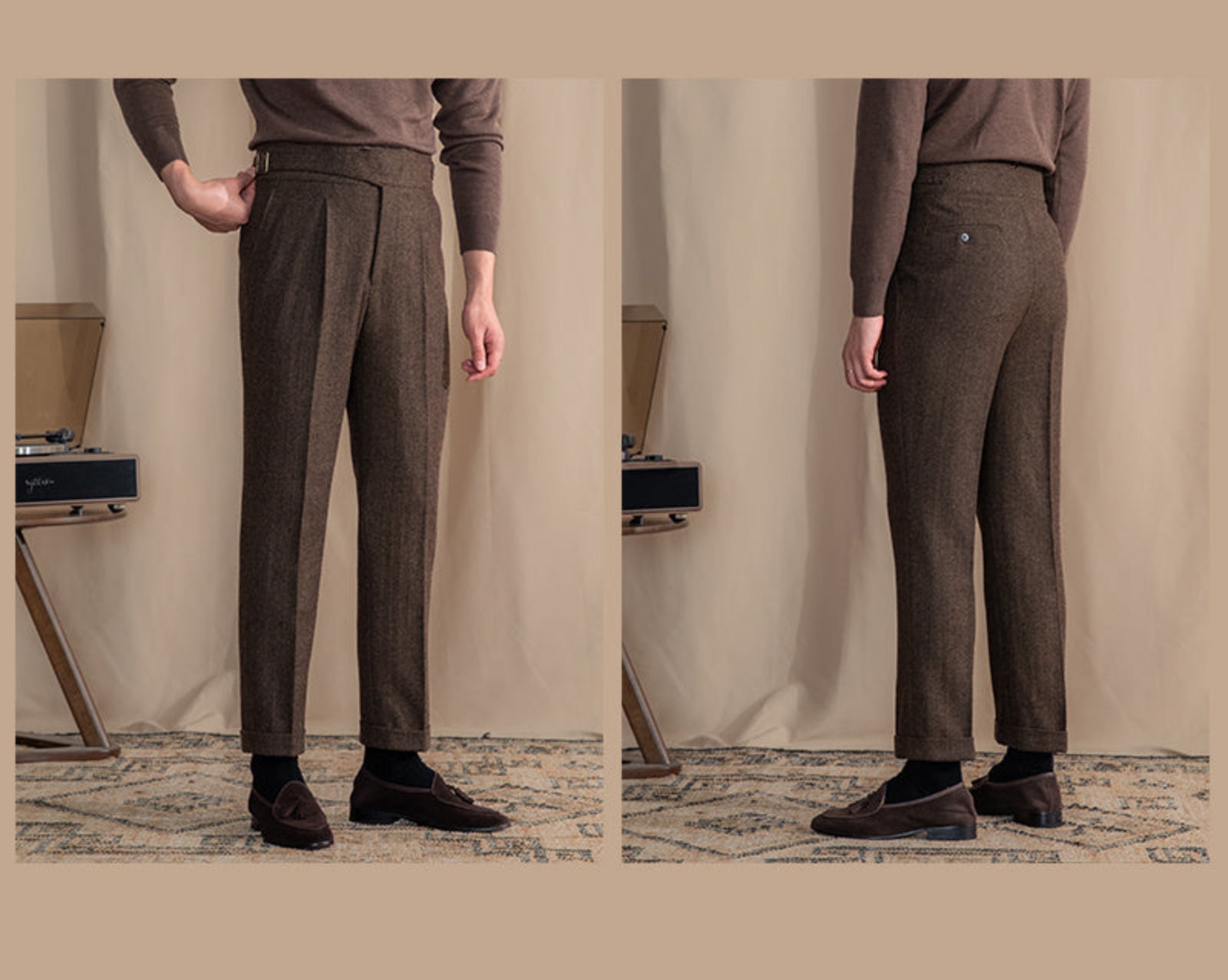 Herringbone Pattern Auger Casual British Tweed High Waist Trousers - Straight-Leg Warm Pants