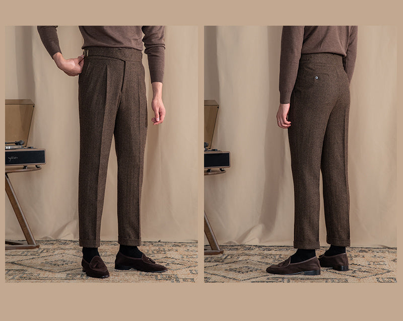Herringbone Pattern Auger Casual British Tweed High Waist Trousers - Straight-Leg Warm Pants