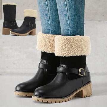 Women's Fashion Boots With Buckle - Chunky Heel Warm Winter Round Toe Shoes