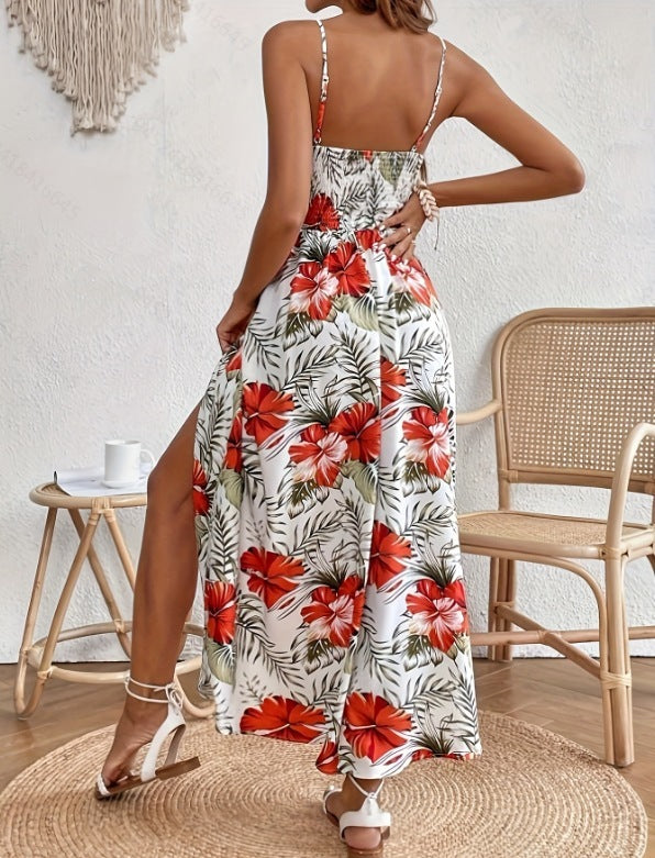 Printed V-Neck Brace Lace Stitching High Slit Dress