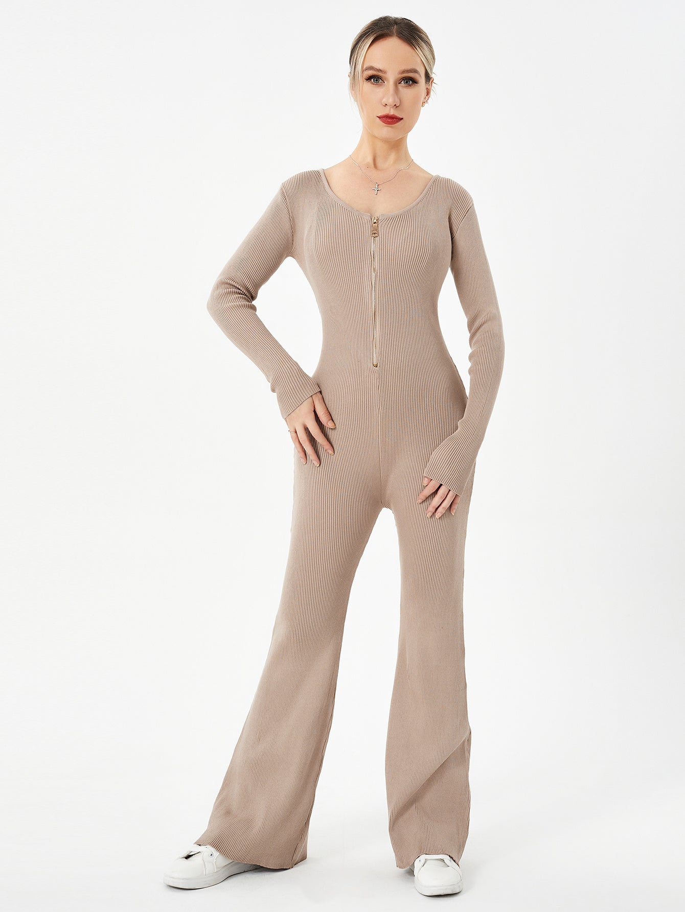 Women's Zippered Round Neck Flared Trousers