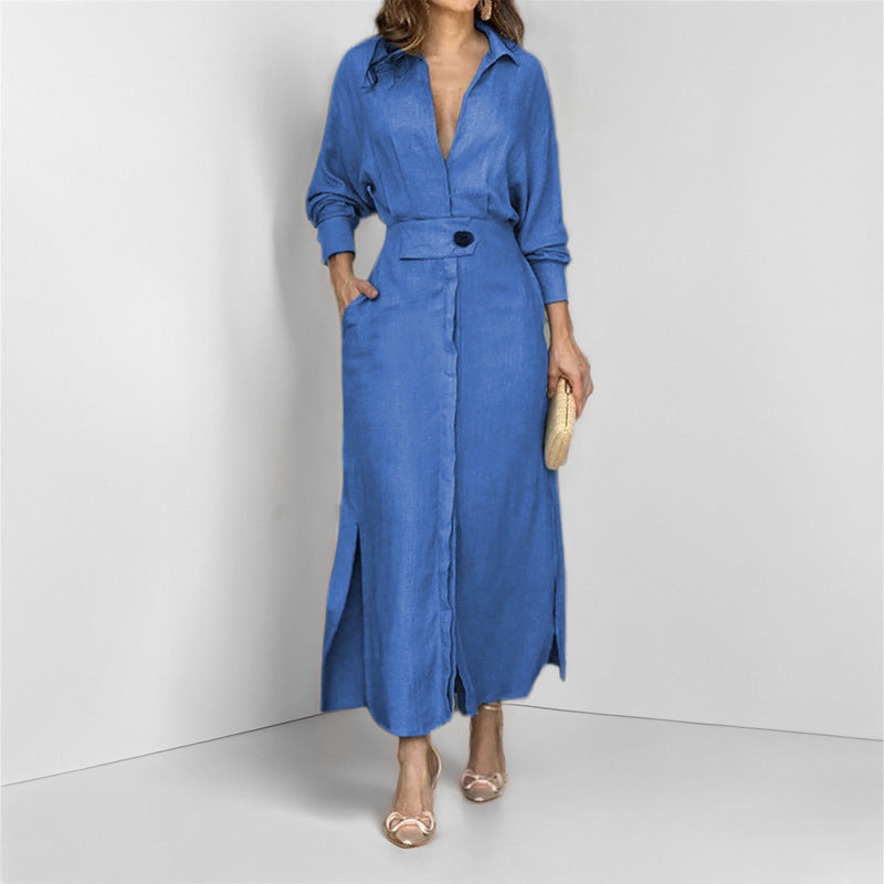 Women's Elegant Tied Solid Colour Waisted Long-Sleeved Shirt Dress