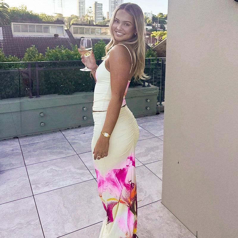 Women's Fashion Personality Street Leisure Vacation Chest Slimming Sleeveless Slip Dress Set