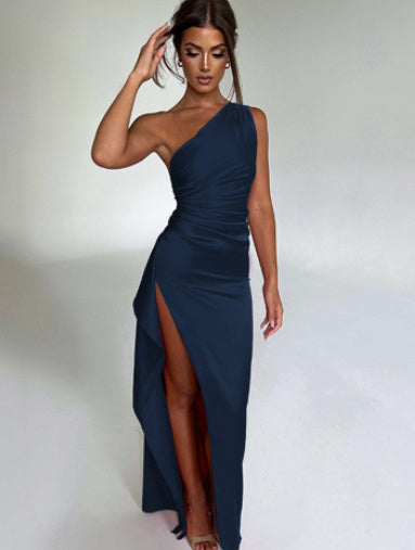 Women's Sexy One-Shoulder Backless Slit Dress, Summer Elegant Slim-Fit - Solid Colour Satin Dresses
