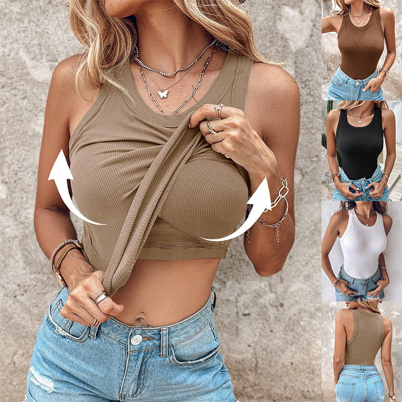 Women's Ins Round Neck Vest With Bra - Summer Solid Colour Bottom Sleeveless Top