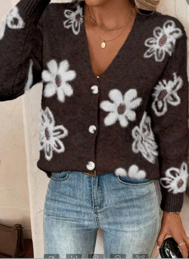 Women's Flowers Print Button Front Cardigan
