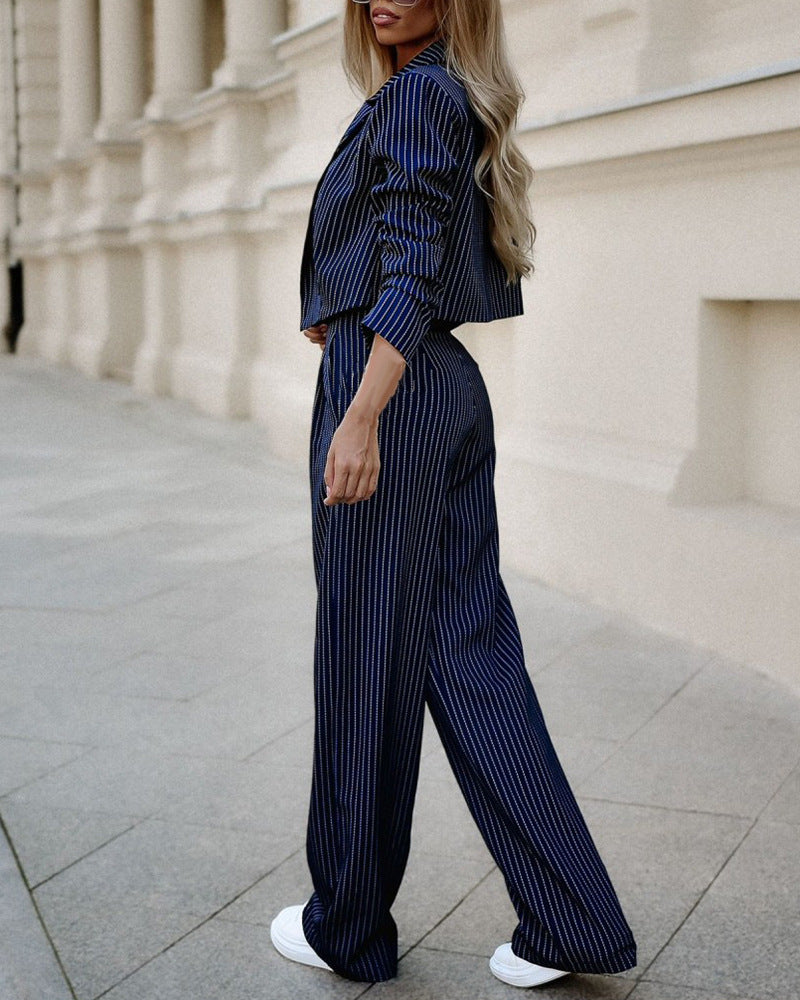 Women's Spring Fashion Striped Suits - Casual Lapel Long-Sleeve Cropped Top And Straight Pants Outfits