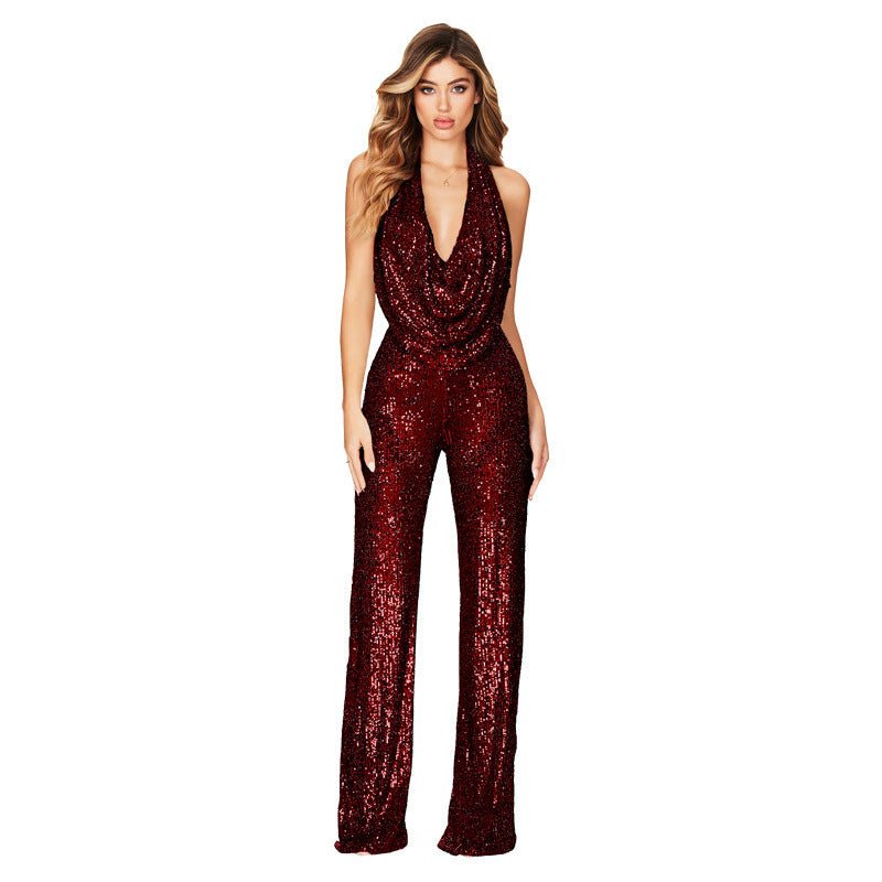 Women's Summer Sleeveless Halter Sequined Jumpsuit