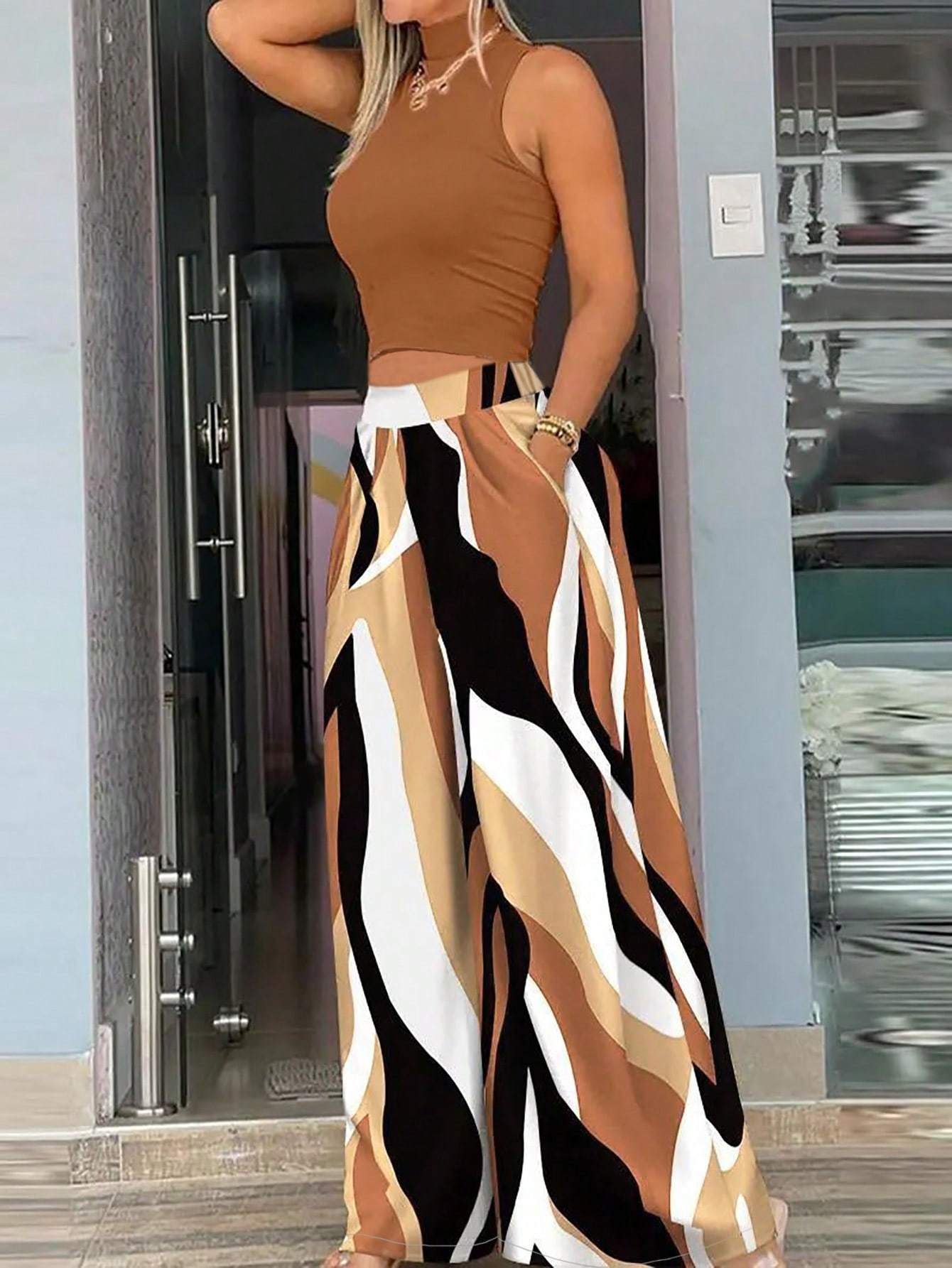 Women's Casual Vacation Style Semi-High Neck Knitted Top Set