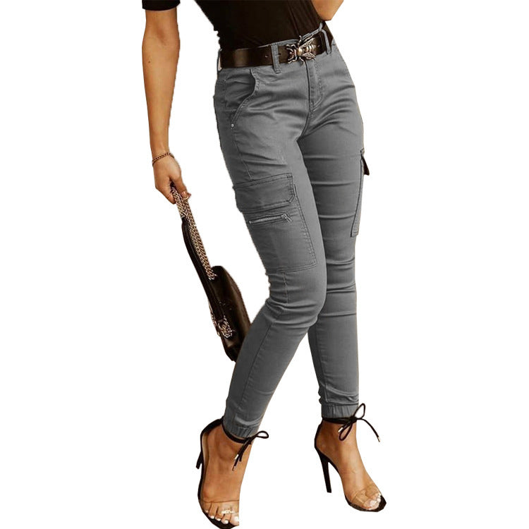 European And American Women's Trousers, Low-Waisted Buttons, Solid Colour Pockets