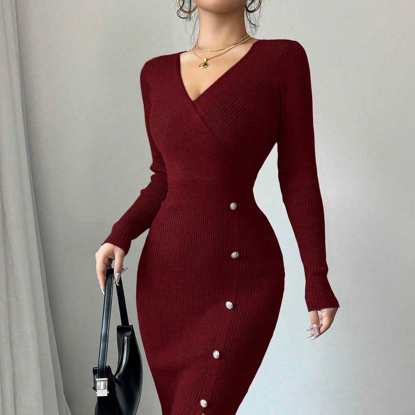 French Waist-Tight Mid-Length Sheath Inner Wear Base Skinny Knit Dress For Women