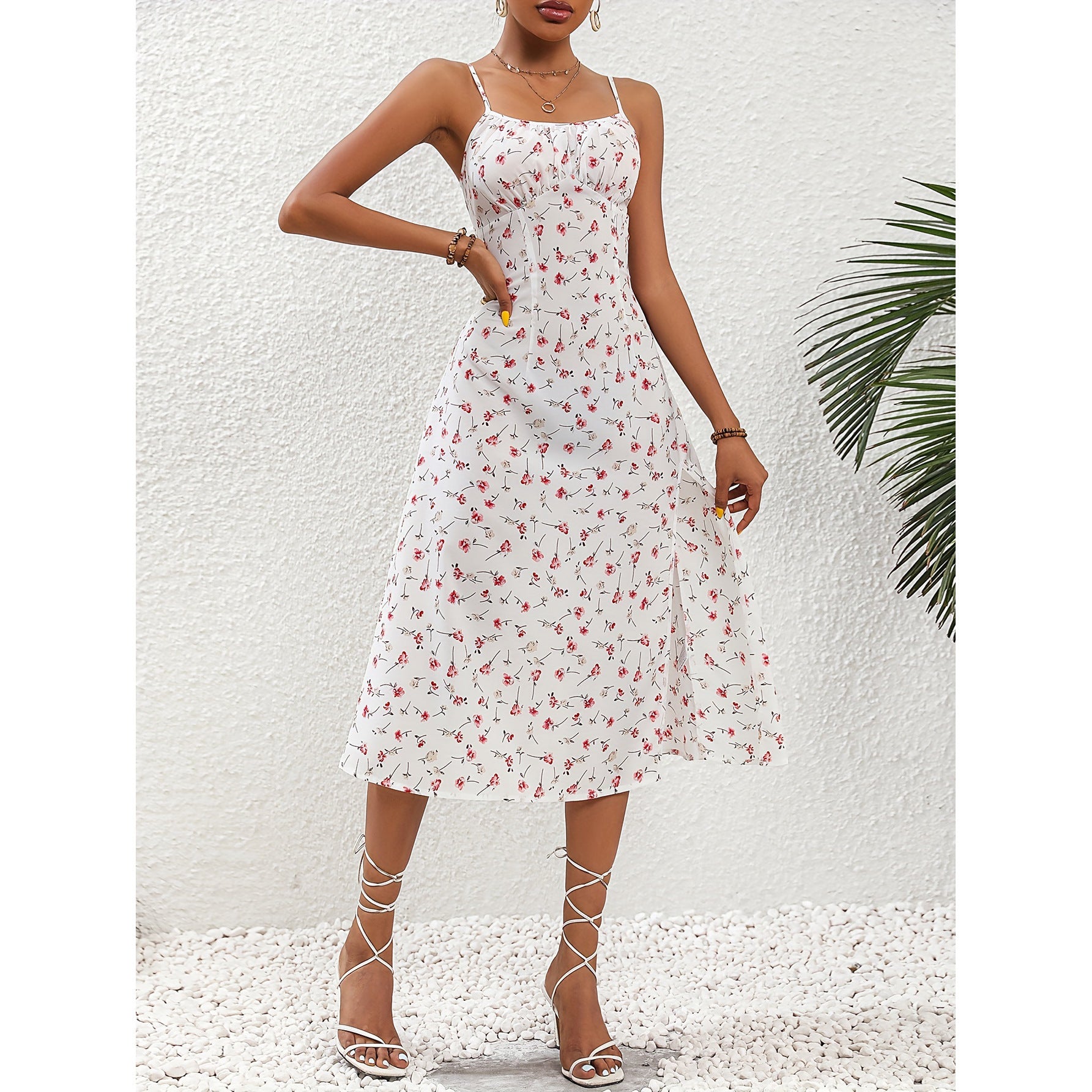 Women's Polka Dot Print Suspender Dress - Summer Sexy Split Long Dresses