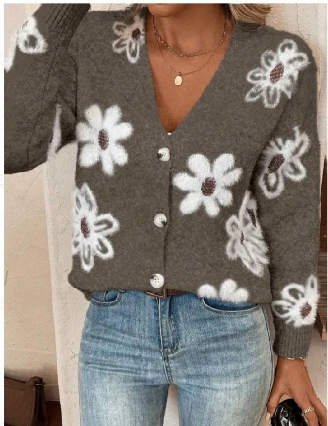 Women's Flowers Print Button Front Cardigan
