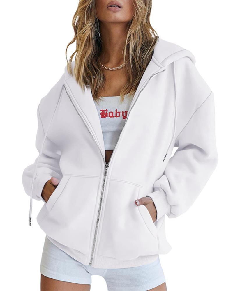 Women's Fashion Casual Solid Colour Drawstring Zipper Hooded Sweatshirt