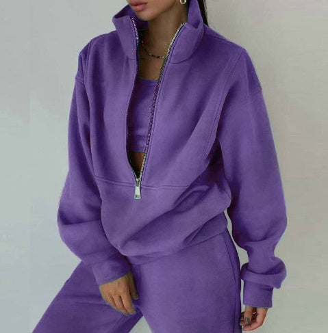 Women's Fashion Fleece Solid Colour Sports Casual Suit