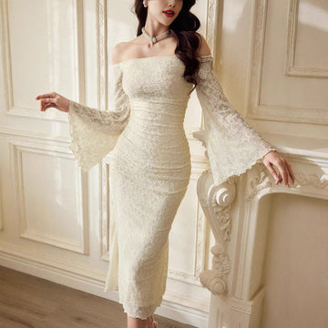 European And American-Style Off-Neck Lace - Bell Sleeve Wooden Ear Slim-Fit Long Dress