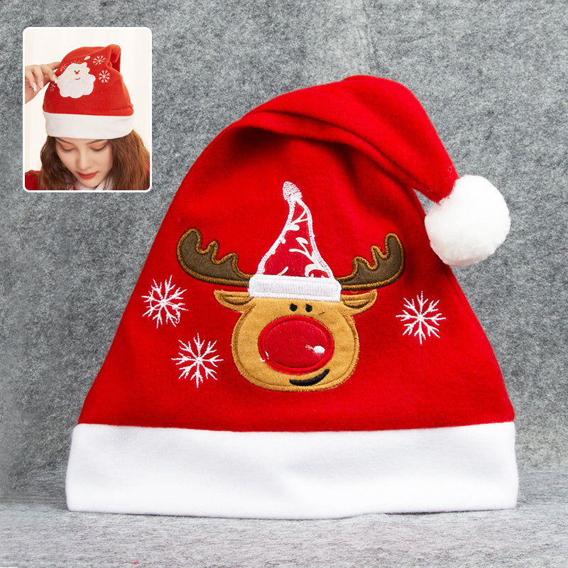 Cartoon Christmas Hat With Elk Santa Claus Embroidery Design - Holiday Party Decoration Fuzzy Hat