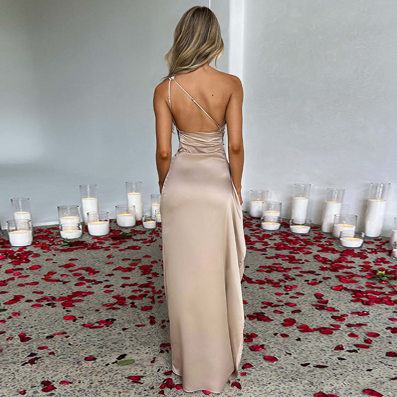 Women's Sexy One-Shoulder Backless Slit Dress, Summer Elegant Slim-Fit - Solid Colour Satin Dresses