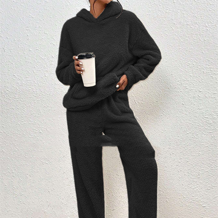 Fleece-Lined Hooded Long-Sleeve Dimensional Patch Pocket Casual Trousers - Solid Colour Suit For Women