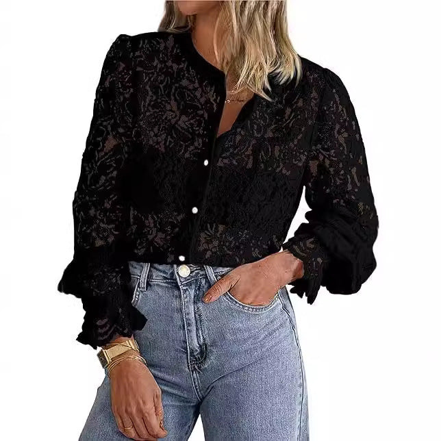 European And American Ladies Fashion Casual Lace Shirt - Long Sleeve Button Shirt