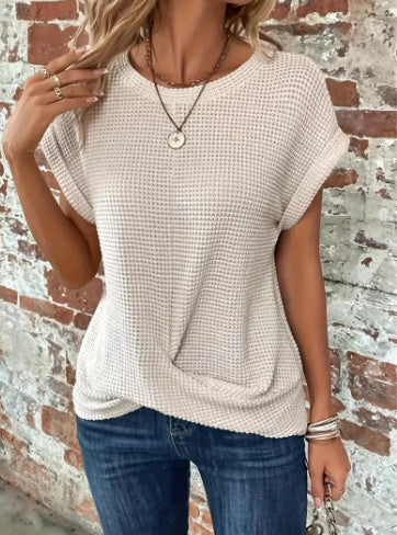 Women's Short-Sleeved Waffle Summer T-Shirt - Solid Colour Crew Neck Top