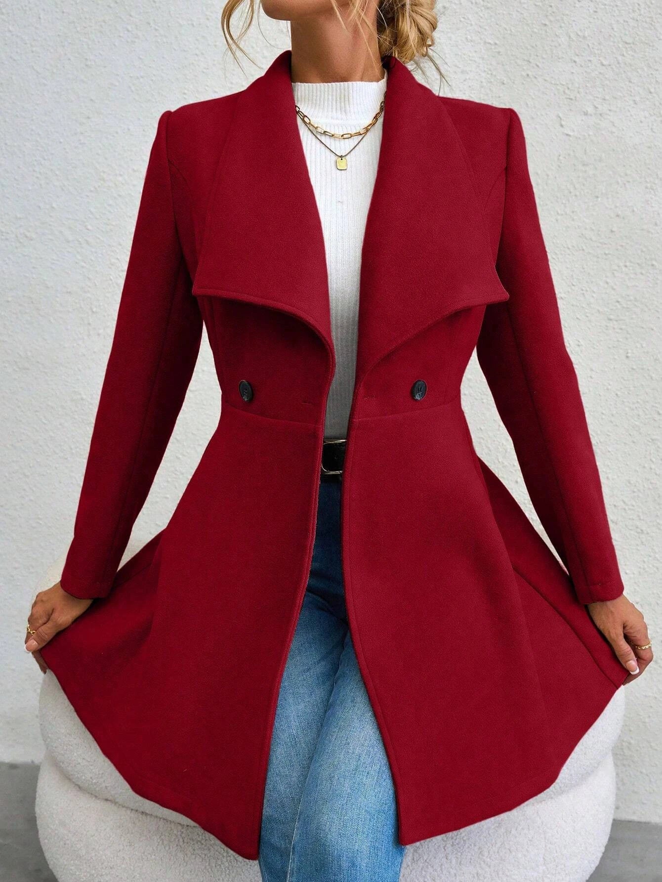 Women's Coats Winter Solid Colour Long Sleeve Lapel Button-Up Work Coats New Year Red Valentine's Day Gift Outer Wears