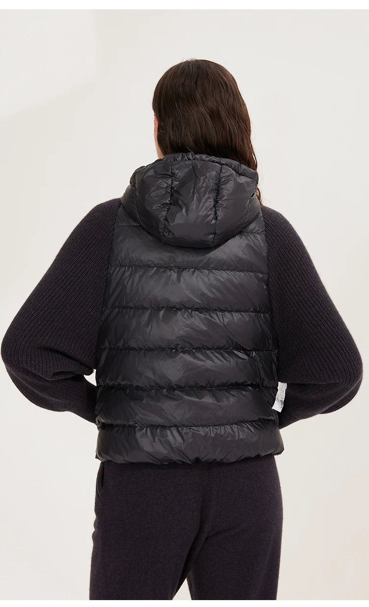 Women's Warm and Stylish Premium Down Jacket, 7-Gauge Luxury Coat With Pure Cashmere Knitted Sleeves