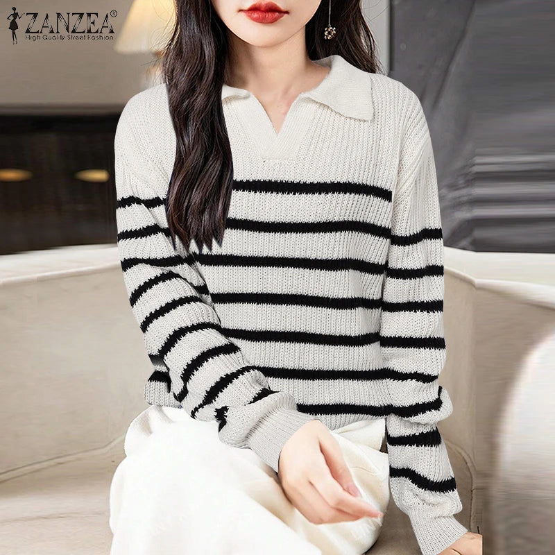 Elegant Women Striped Sweaters 2025 Spring Autumn Long Sleeve Turn-down Collar Knitted Pullovers Casual Stylish Jumpers